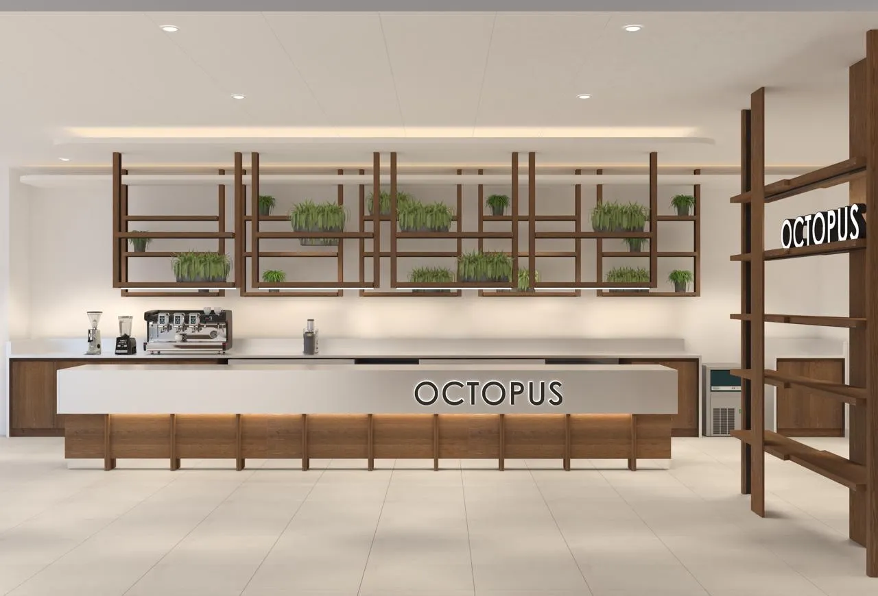 Office cafe design with a long counter and planted timber shelving